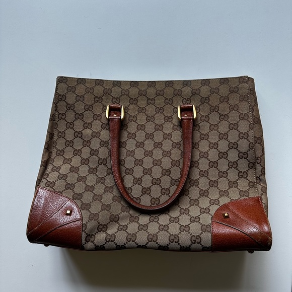 Vintage Gucci GG Logo Nailhead Tote Canvas Leather Tan Brown